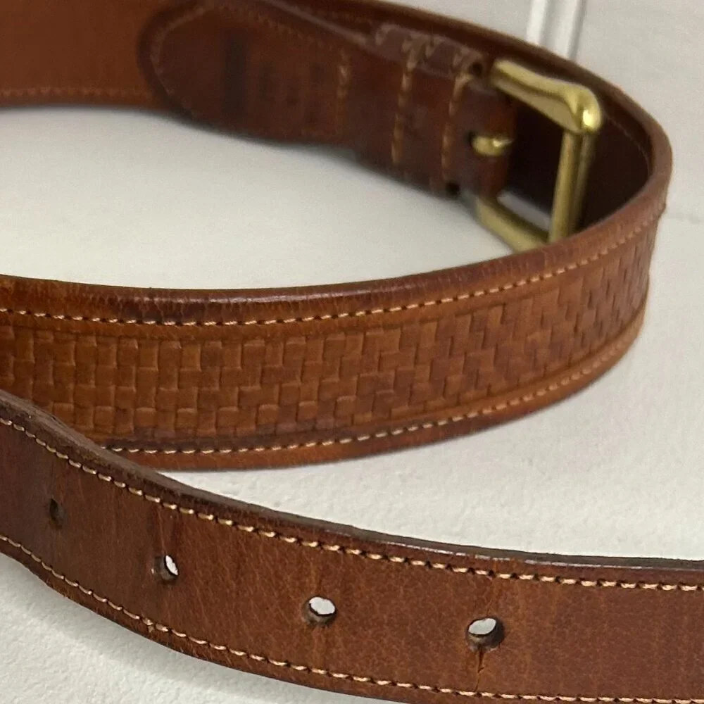 Coach Leather Designer Belt 3855 British Tan Basket Weave Brass Buckle 36